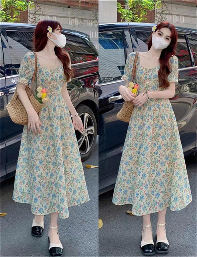 Women's French Square Neck Floral Dress Summer New Waist Thin Small Fresh A Word Coffee Break Dress