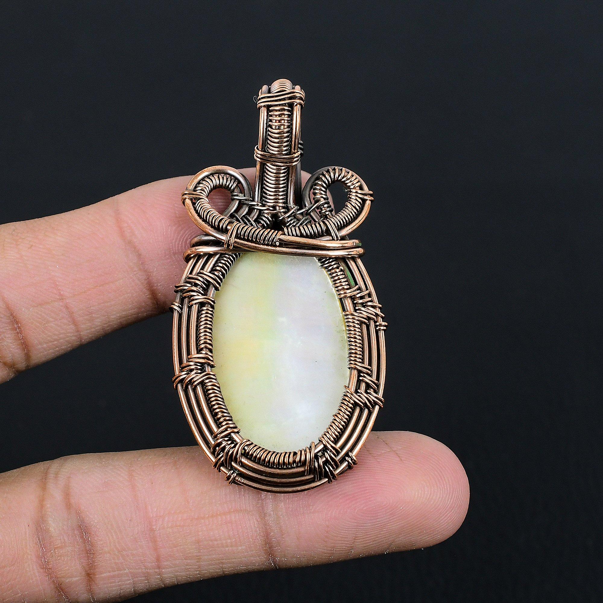 

Mother of Pearl Pendant Gemstone Pendant 999 Copper Wire Wrapped Pendant, Handmade Jewelry Anniversary Gift 2.55 Inches