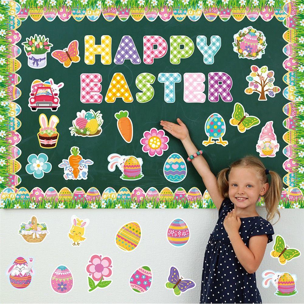 57PCS Cartoon Easter Decoration Paper Multicolor Easter Eggs Cards Flower Sheep Butterfly Bunny Chicken Wall Sticker