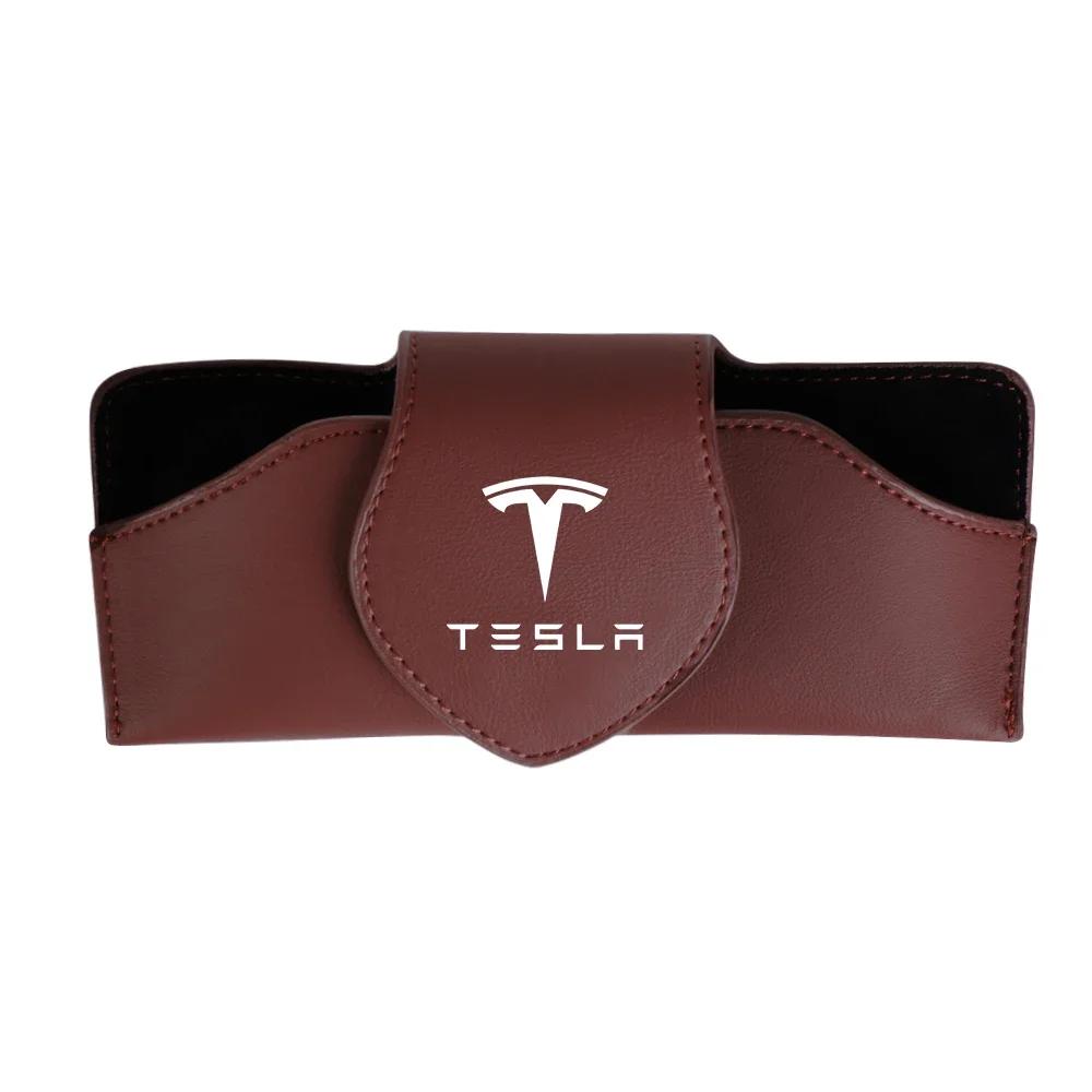 Car Sticker Tesla 1/2Pcs Car Glasses Clip Sun Visor Sunglasses Leather Storage Case For Tesla Model 3 Y S X Roadster Cybertruck