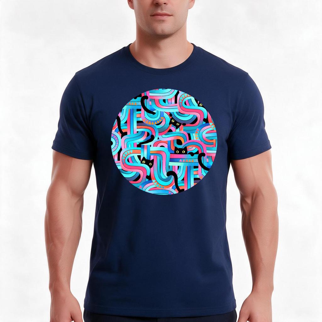 Geo Cats Maze In Pink And Blue Tshirt Summer Casual Cotton Tee Oversized Streetwear Tops Vintage Graphic Print 100 Cotton