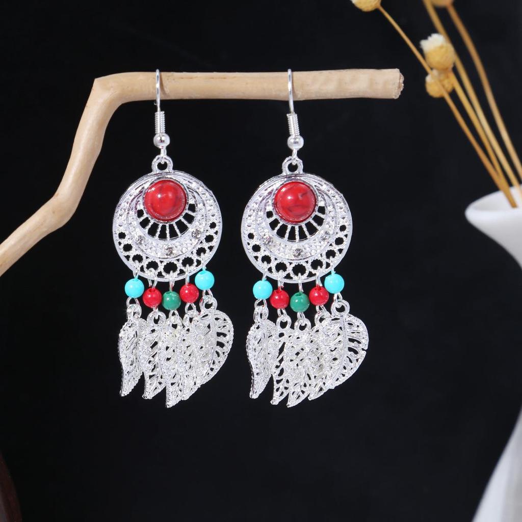 Ethnic Feather Tassel Dangle Earrings - Imitation Miao Silver Style, Popular Tourist Item, Cute Bean Design.