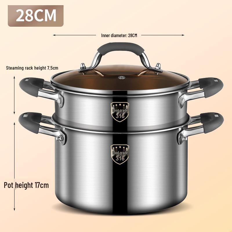 Extra-High 316L Stainless Steel Steamer Pot, Rivet-Free, Anti-Scald, Large Capacity for Porridge/Soup