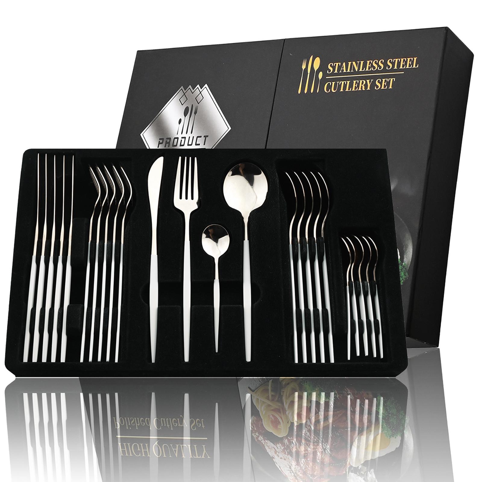 

24 шт., набор столовых приборов с золотой ручкой, нож из нержавеющей стали, вилка, ложка, столовые приборы, набор столовых приборов, праздничная кухонная посуда, подарок 24pcs + 1 box серебряный/белый