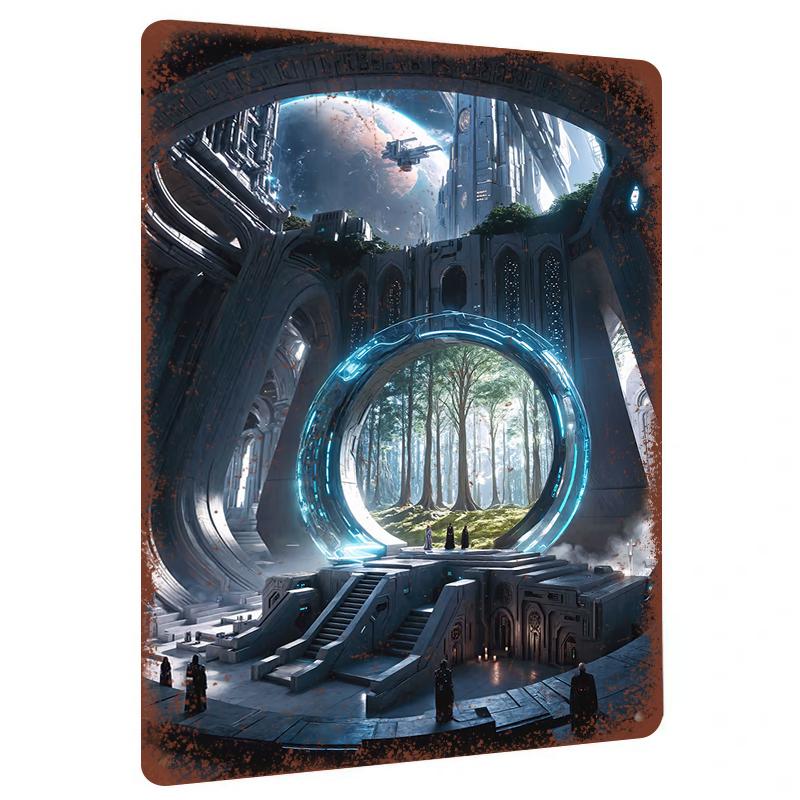 

Cyberpunk Stargate Metal Wall Art Futuristic City Forest Landscape Home Decor Living Room Entrance Hanging Decoration 20x30cm（7.8x11.8inch）