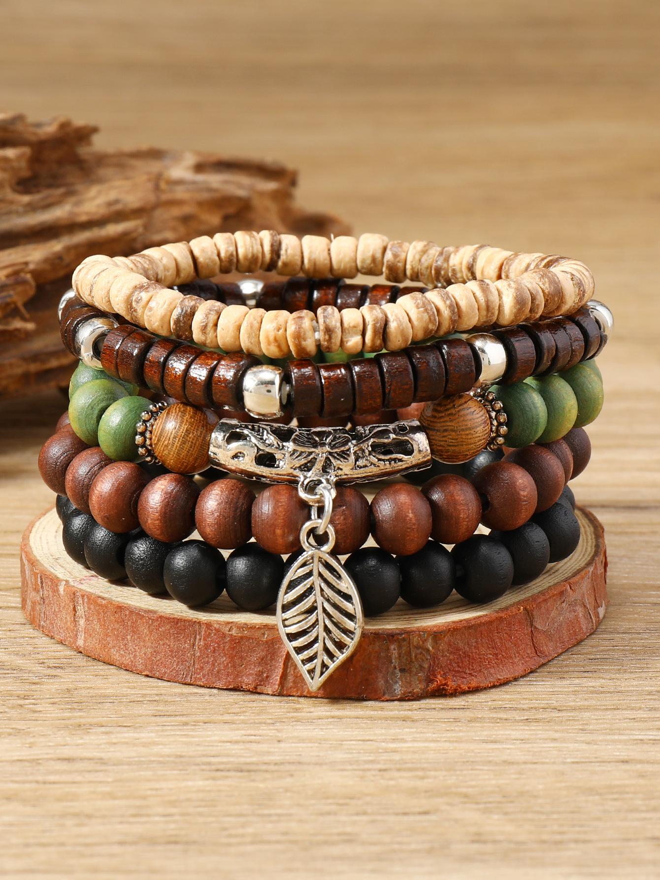 

Модный браслет из 5 частей с персонализированными бусинами из дерева и листьями разноцветный