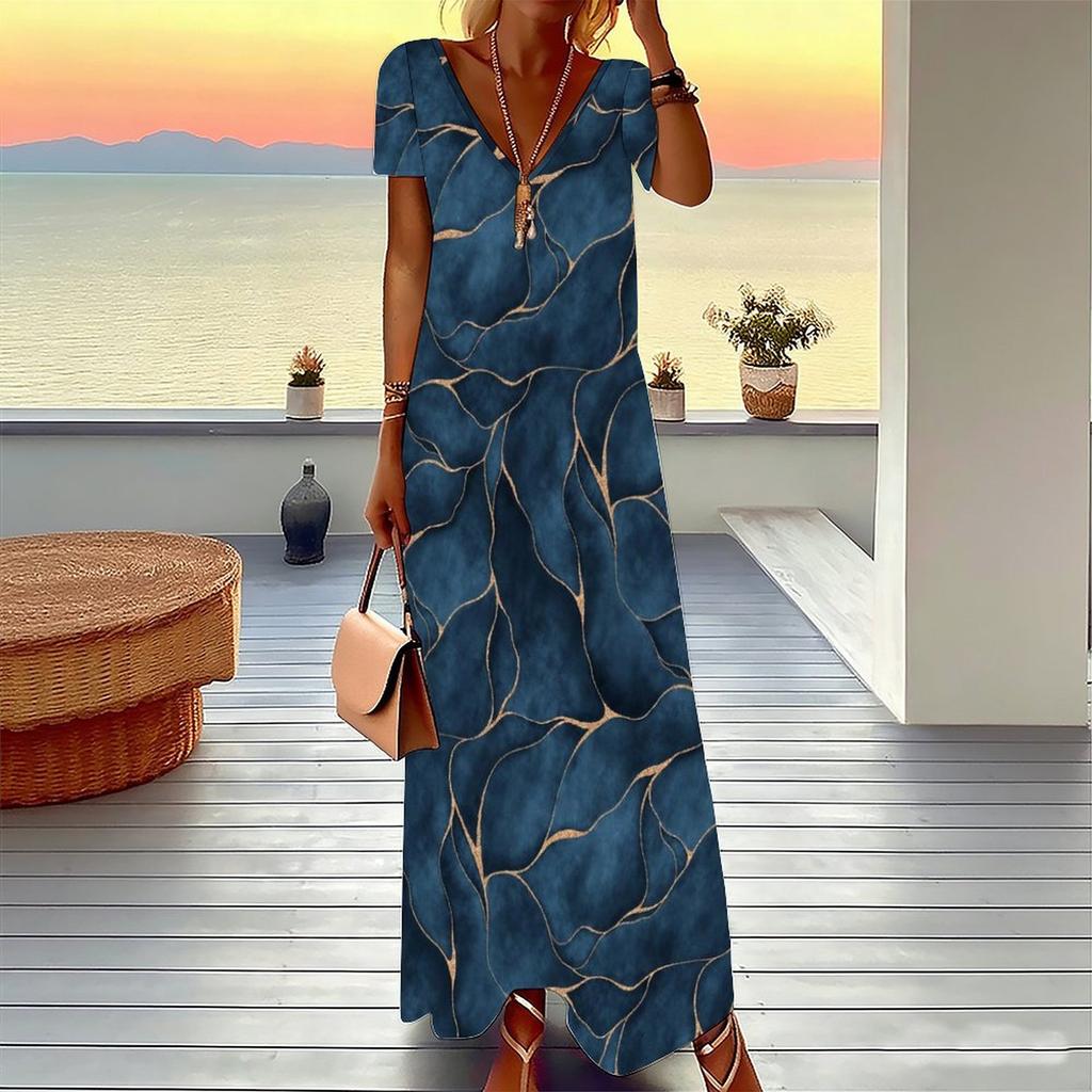Women Plus Size Short Sleeve V Neck Maxi Dress Warm Camel Leopard Print Loose Summer Vacation Long Dress