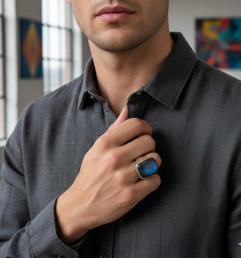 Natural Labradorite Gemstone Men's Ring Handcrafted 925 Sterling Silver Square Cabochon Ring Statement Jewelry Gift for Him