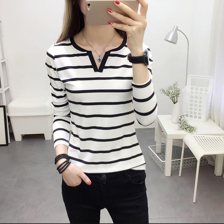 Autumn Korean Style Slimming Striped V-neck Long Sleeve T-shirt Women's Student Top Base Layer Trendy