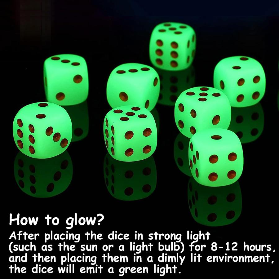 10pcs 16mm Glow in the Dark Dice Green Luminous D6 Dice with Gold Pips, Plastic Standard Size Game Dice Table Games Party Favors