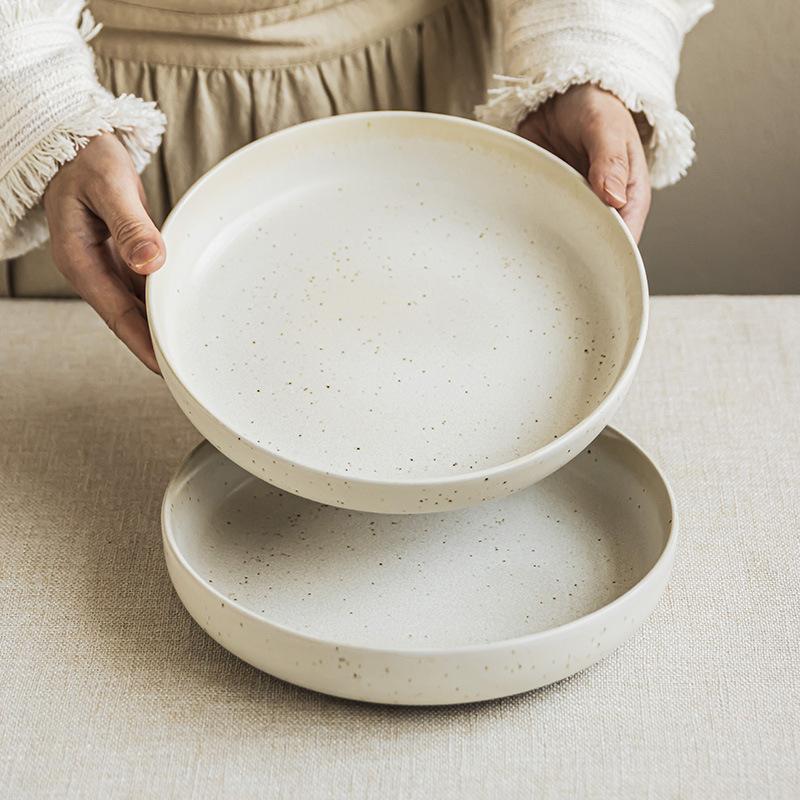 Sesame Dot Deep Plate Simple Ceramic Plate Round Large Plate Tableware Salad Plate Household Large Vegetable Plate Dinner Plate