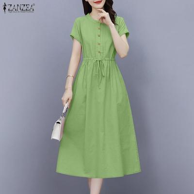 Women Casual Round Neck Solid Color Loose Short Sleeve Dress
