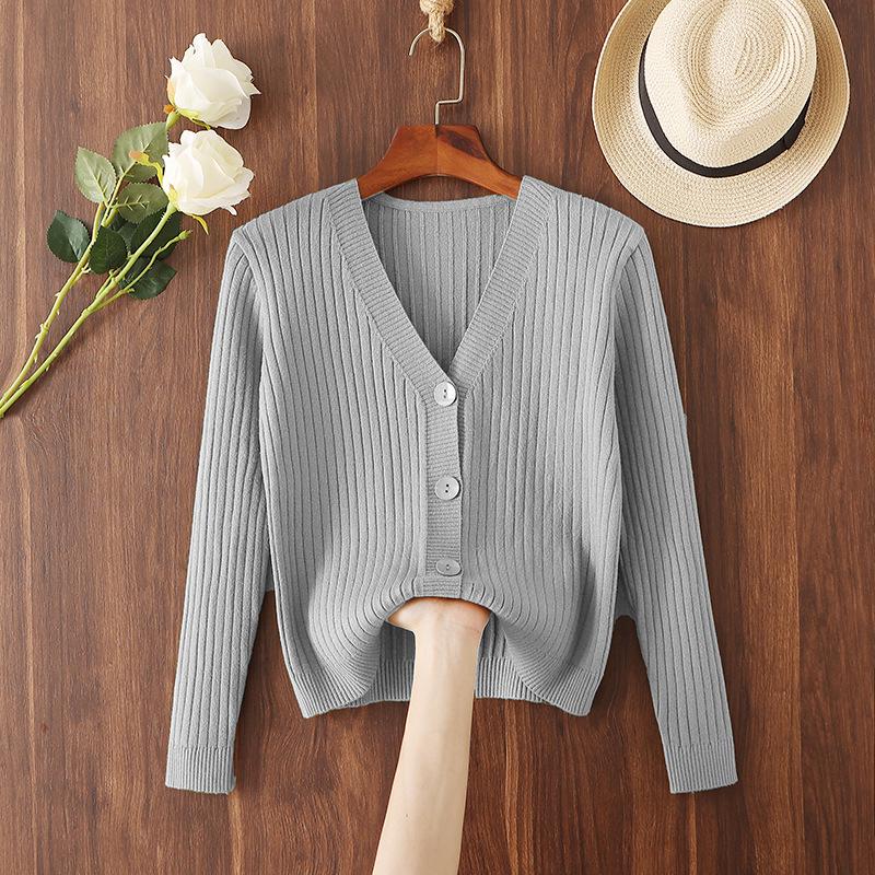 2025 Women's V-neck Loose Knit Cardigan - Short, Long Sleeve Sweater for Spring & Autumn