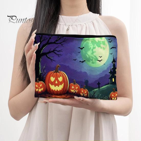 Large Capacity Pencil Bag Halloween Storage Bag, with Pumpkin Ghost Pattern Design, Thickened Stylish Travel Toiletry Organizer Canvas Cosmetic