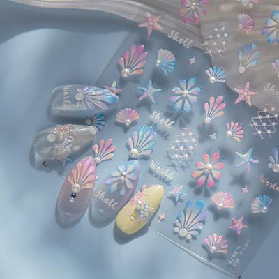 1pc 5D Embossed Aurora Beach Shell with Pearl Summer Ocean Theme Nail Art Sticker Decal Self-Adhesive Nail Sliders for Women Nail Art Decoration