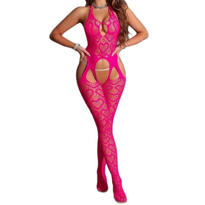 Women Halter Strap Heart Pattern See Through Mesh Open Crotch Sexy Lingerie Bodysuit
