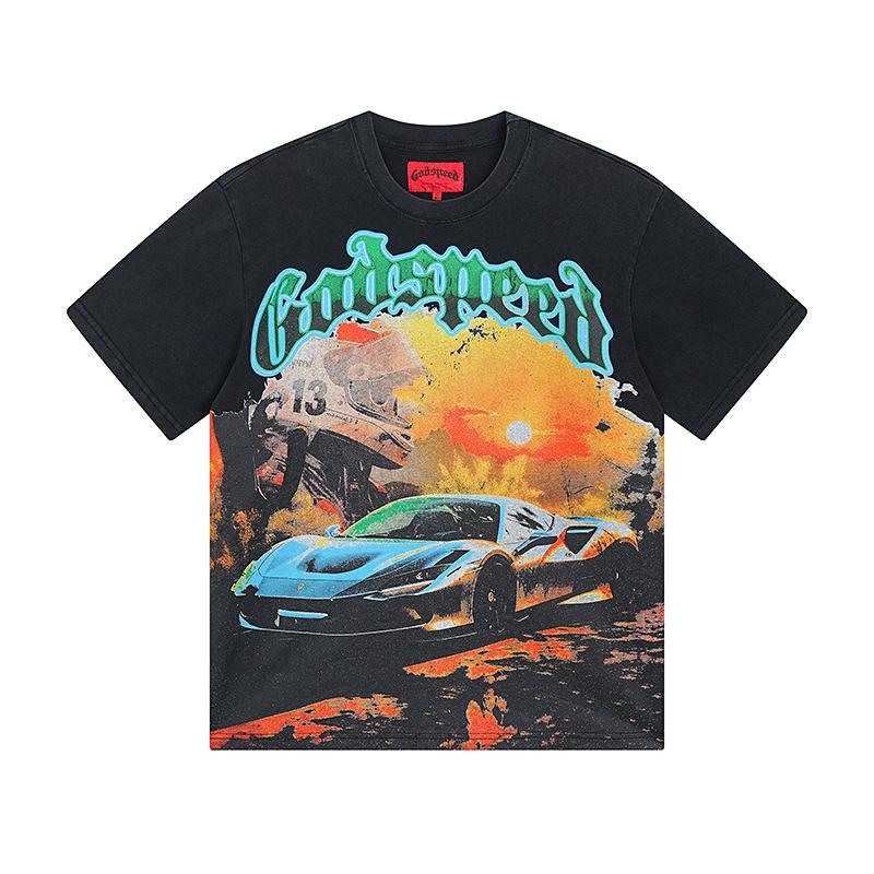 Cross-border trendy brand GS Skull Band Alphabet Printing Washing Water Short Sleeve Loose T-Shirt Men's and Women's High Street Retro Half Sleeve