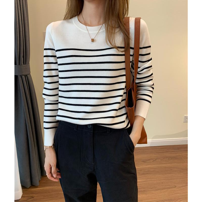 Women's Striped Knitted Sweater Spring and Autumn Long Sleeved Sweater Women's Base Shirt Sweater