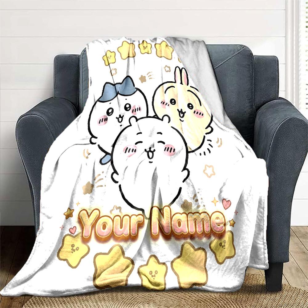 1pc Chiikawa Blanket with Custom Name, Gift, for Men and Women, Soft Blanket, Good for Sofa Bed Couch Travel, Lightweight Flannel Blanket