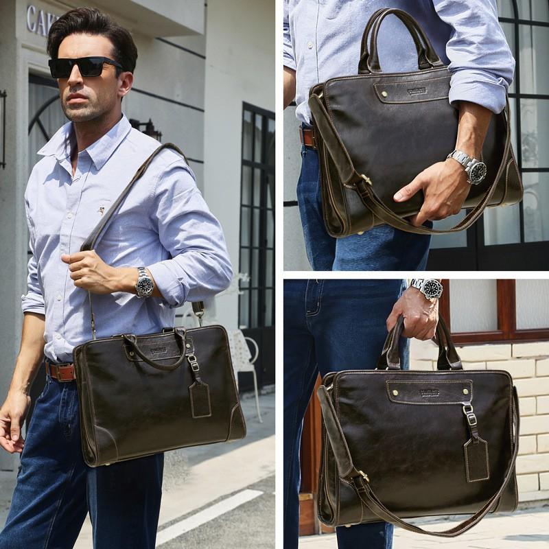 Full Grain Top Layer Cowhide Multi Compartment Men's Briefcase Can Hold 14.2-inch Genuine Leather Laptop Bag