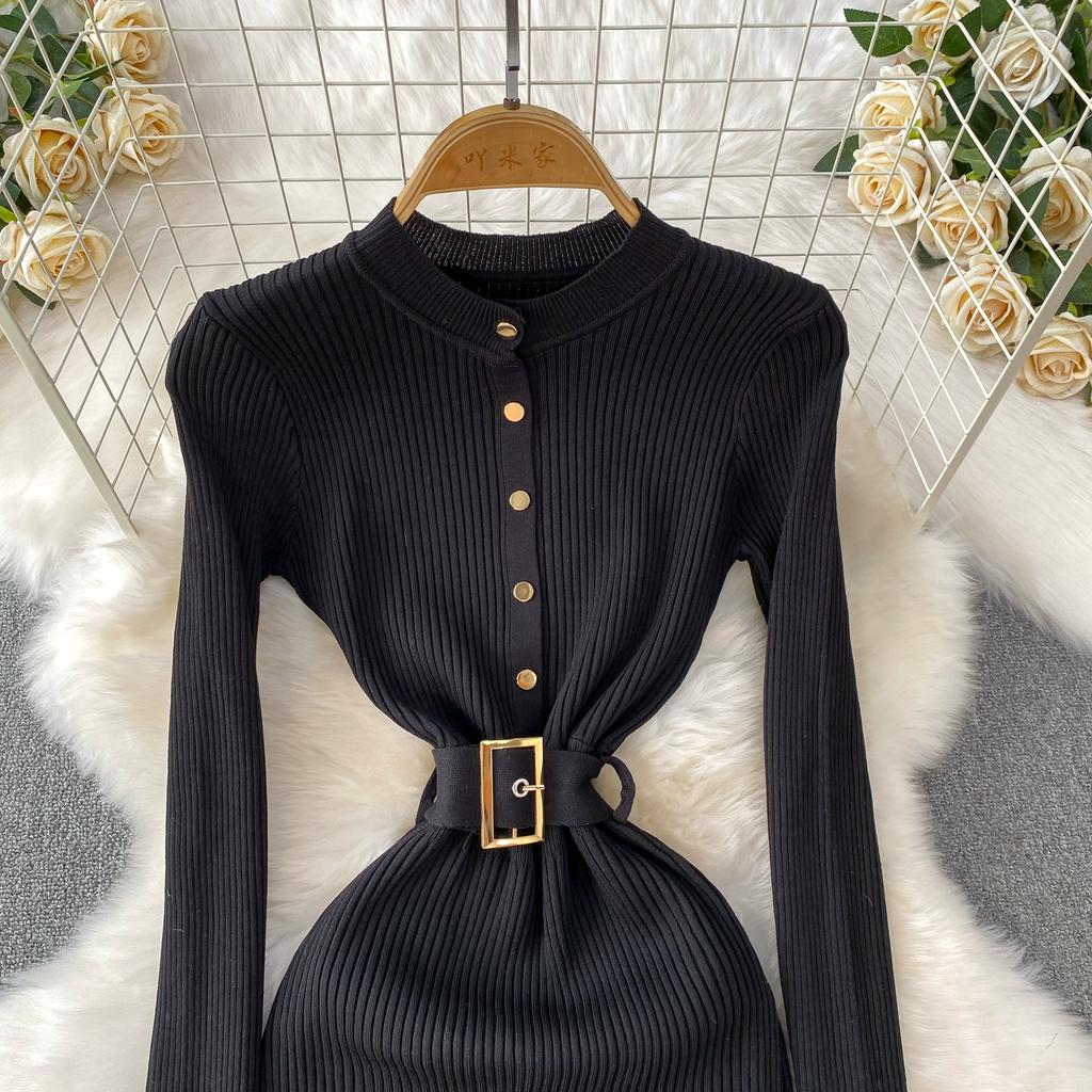 Spring Autumn Women Full Sleeve Knitted Sweater Office Work Slim Bodycon Pencil Dresses with Belt