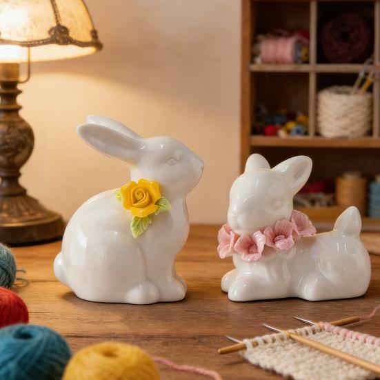 Påskkeramikkaninfigur Mini Blomma Kaninstaty Vår Påsk Hem Kontor Semesterfest Dekoration Prydnad