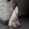 European and American Simple Casual Loose Cotton and Linen Dress Women Summer Puff sleeve V-neck Beige A- line Skirt Waist Hugging Long Skirt