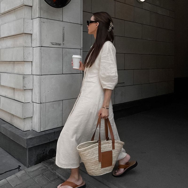 European and American Simple Casual Loose Cotton and Linen Dress Women Summer Puff Sleeve V-neck Beige A- Line Skirt Waist Hugging Long Skirt