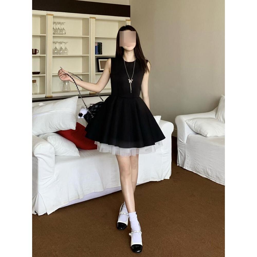 Summer contrasting mesh splicing sleeveless French Hepburn dress casual style temperament waist tutu ballet dress