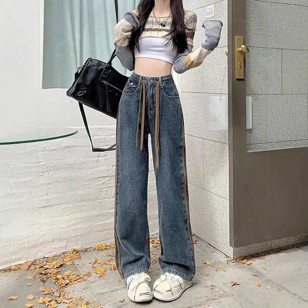 

2024 Winter High Waist Color Block Wide Leg Adjustable Slimming Jeans for Women 2XL
