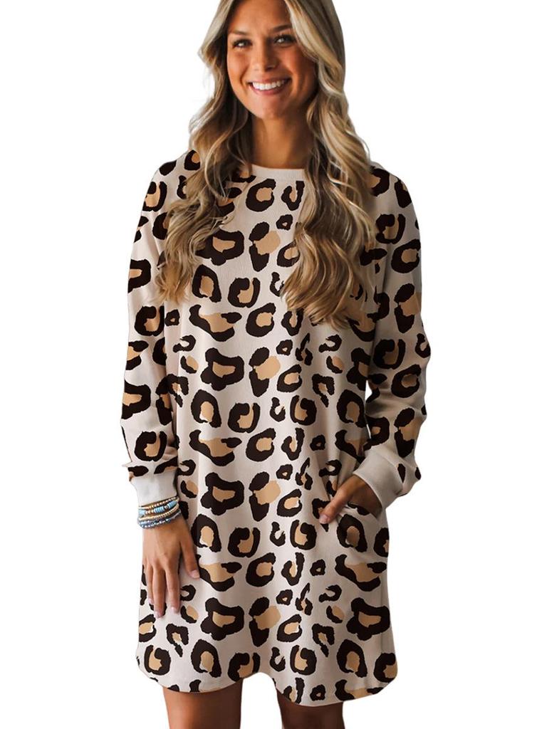 2025 Winter European & American Leopard Print Loose Casual Long Sleeve Dress with Pockets
