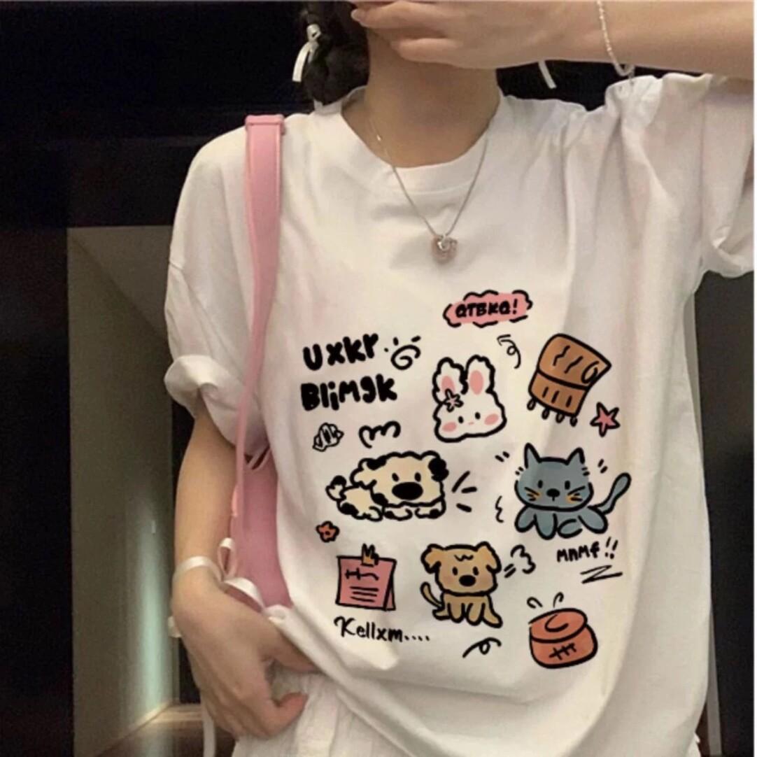 

Счастливый Кролик Хлопковая Летняя Футболка с Коротким Рукавом и Мультяшным Принтом, Удобная Женская Футболка в Парном Колледжском Стиле S