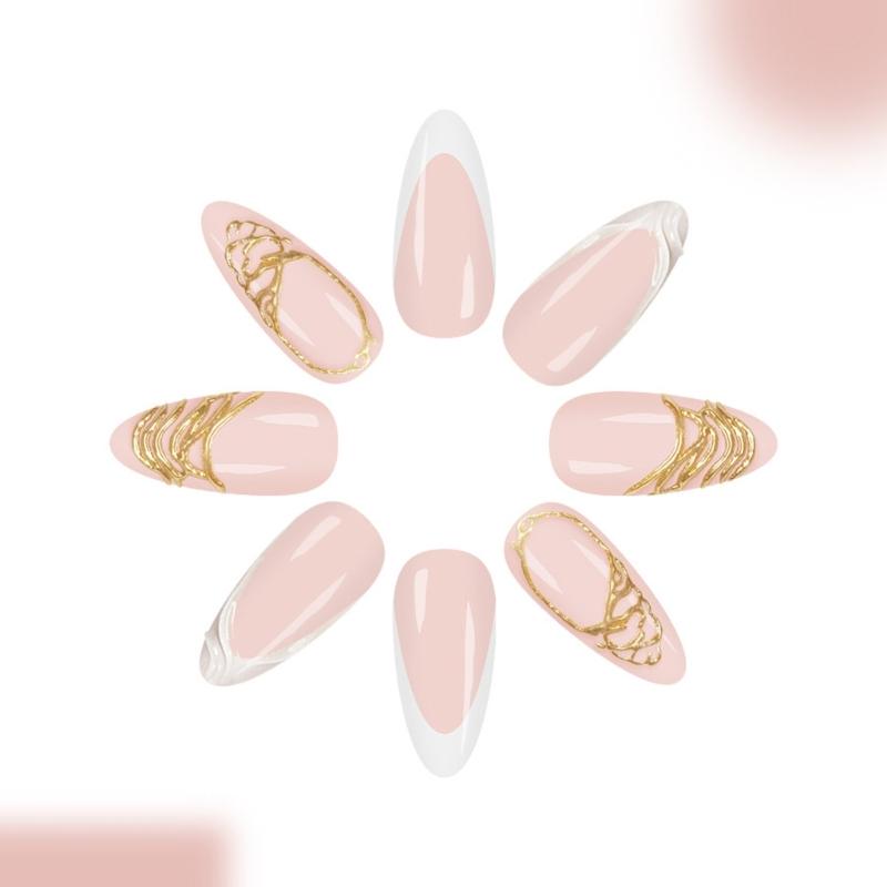 24 Pezzi Unghie Finte Eleganti Design French Tip con Glitter Dorati Scintillanti Arte 3D Unghie Artificiali Durata Costruzione in ABS