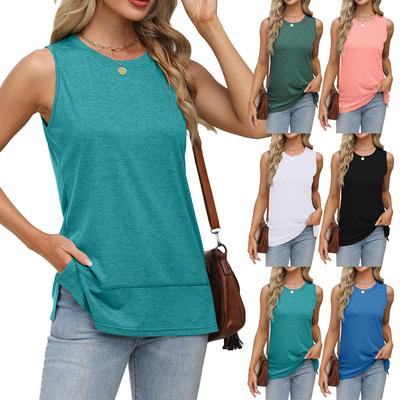 2025 Spring Summer Women's Round Neck Sleeveless Tank Top with Split Hem, Loose Fit Casual Blouse