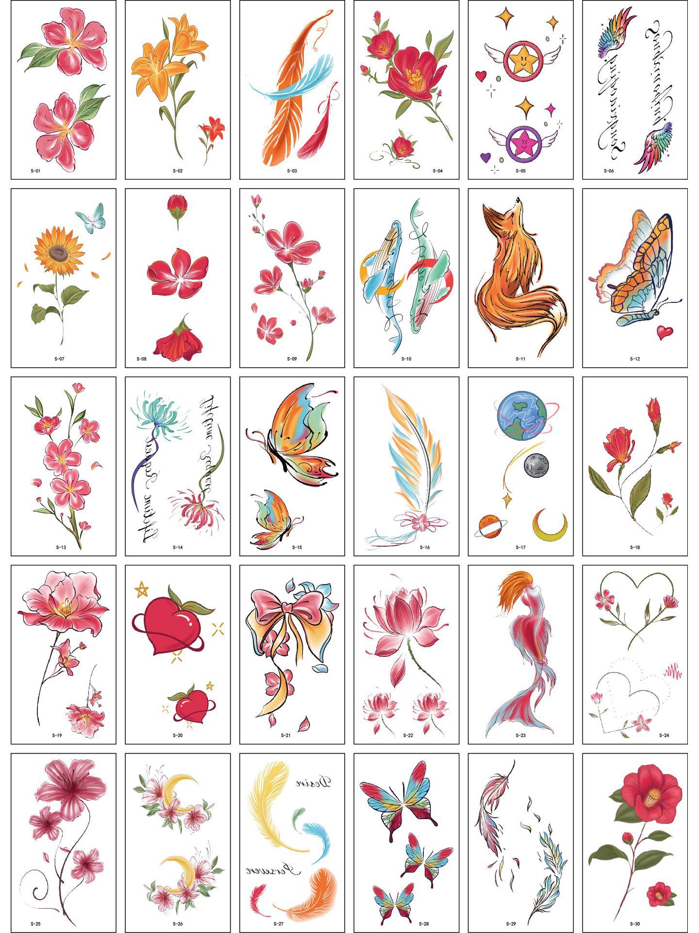 

Водостійкі наклейки для татуювань: Довговічні візерунки квітів і шпильок, які можна мити, високоякісні наклейки для брів для дівчат S set (30 pieces/pack)