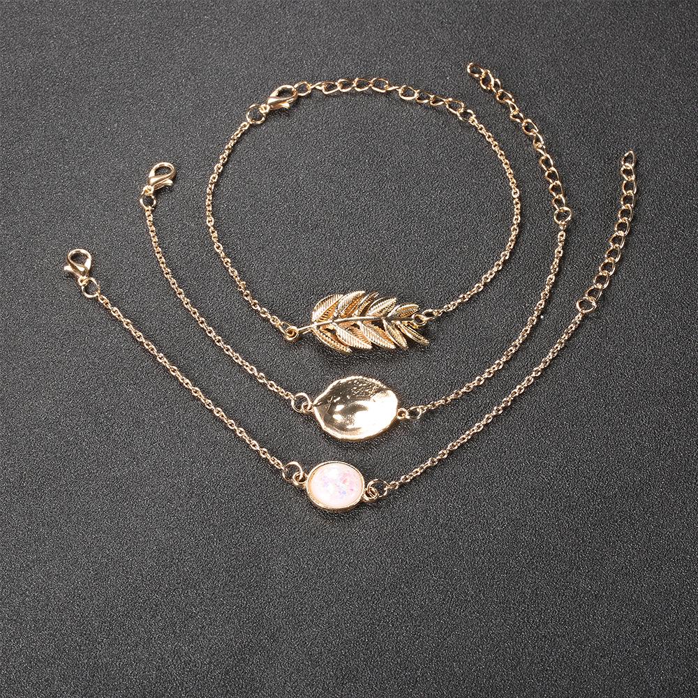 New Product Bracelet Set, Fashion Temperament Alloy Leaf Imitation Opal Round Gemstone Bracelet 3-Piece Set