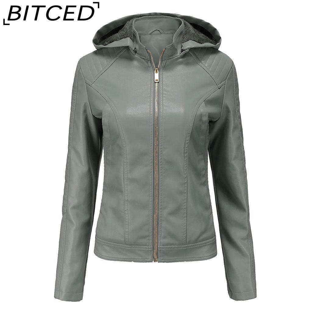 

BITCED Plus Size Fleece-Lined Women s Leather Jacket with Hood Autumn/Winter Short Coat Warm Casual Jacket XXXL серый