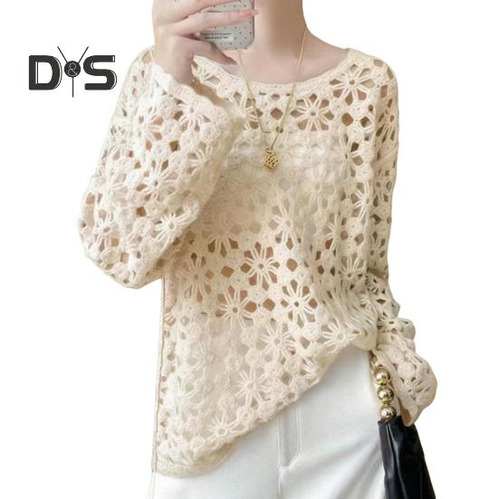Women Pullover Cover Up Round Neck Long Sleeve Hollow Knitting Tops Solid Color Crochet Sunscreen Tops
