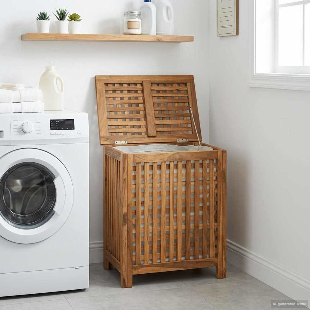 Laundry Basket Natural 50 X 35 X 60 Cm Solid Teak Wood