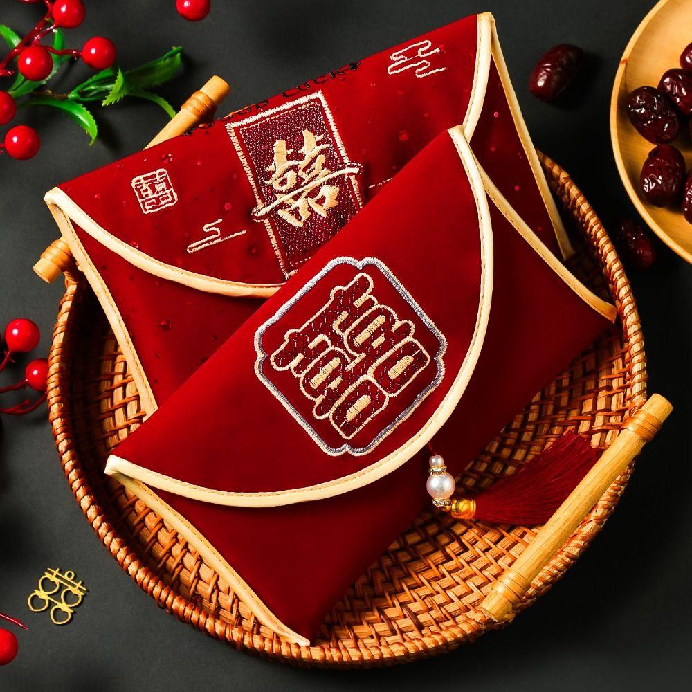 Chinese Style Wedding Red Envelope Tassel Embroidery Pattern Wedding Changing Fee Bag Traditional Hongbao Money Red Pocket