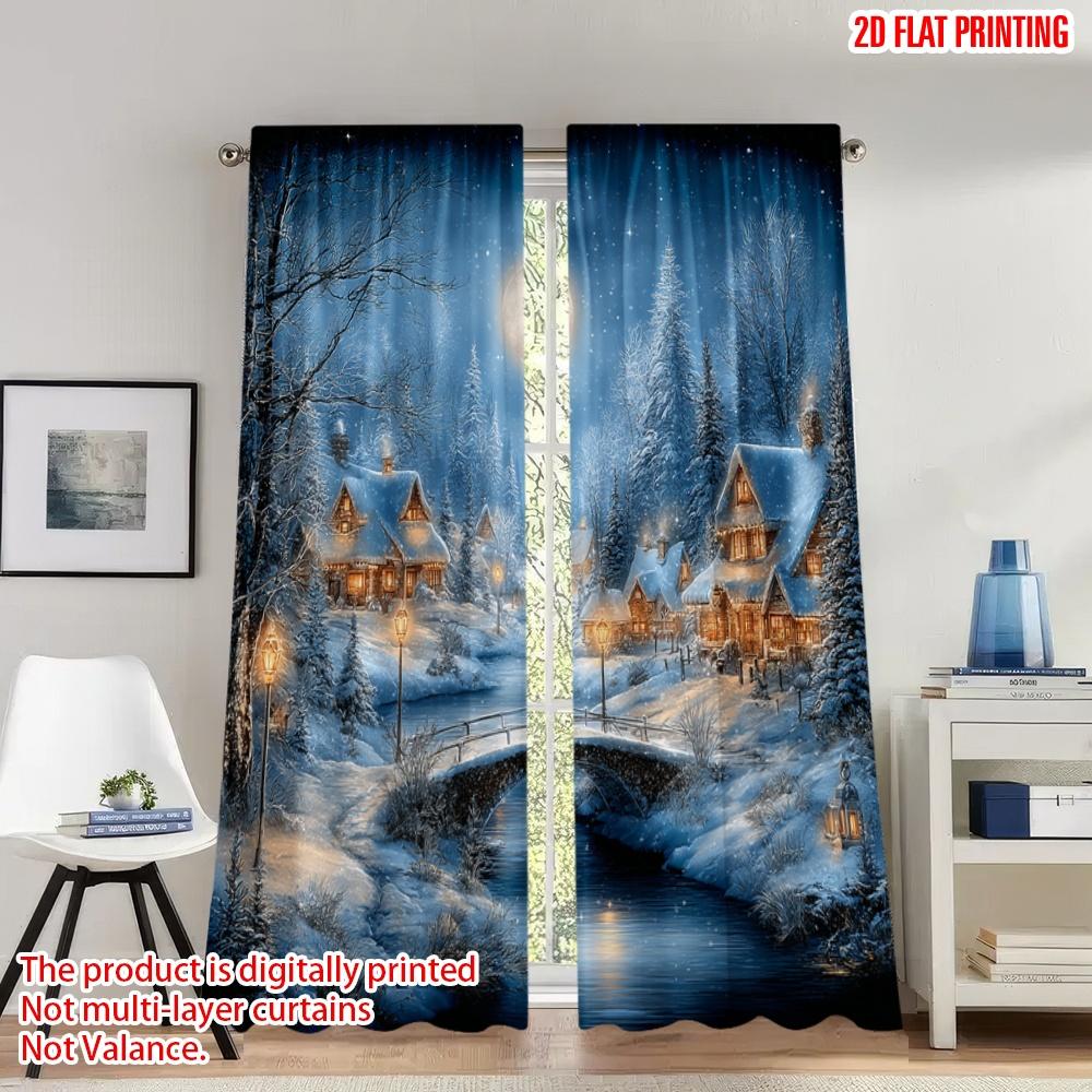 

2pcs 2D flat printing Christmas Hot Curtains Cozy Winter Village Snowfall Digital Printed Polyester Drapes Family Party Use for 100*130 Rod Pocket 1pcs