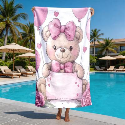 Pink Bow Tie Teddy Bear Balloon Theme Polyester Microfiber Beach Towel Is Highly Absorbent, Suitable for Swimming Beach Outings