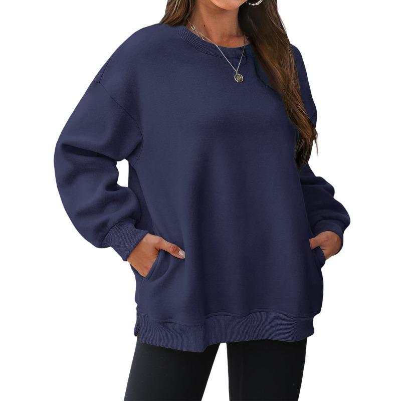 Fleece thickened pocket sweater women, loose round neck clothes in autumn and winter