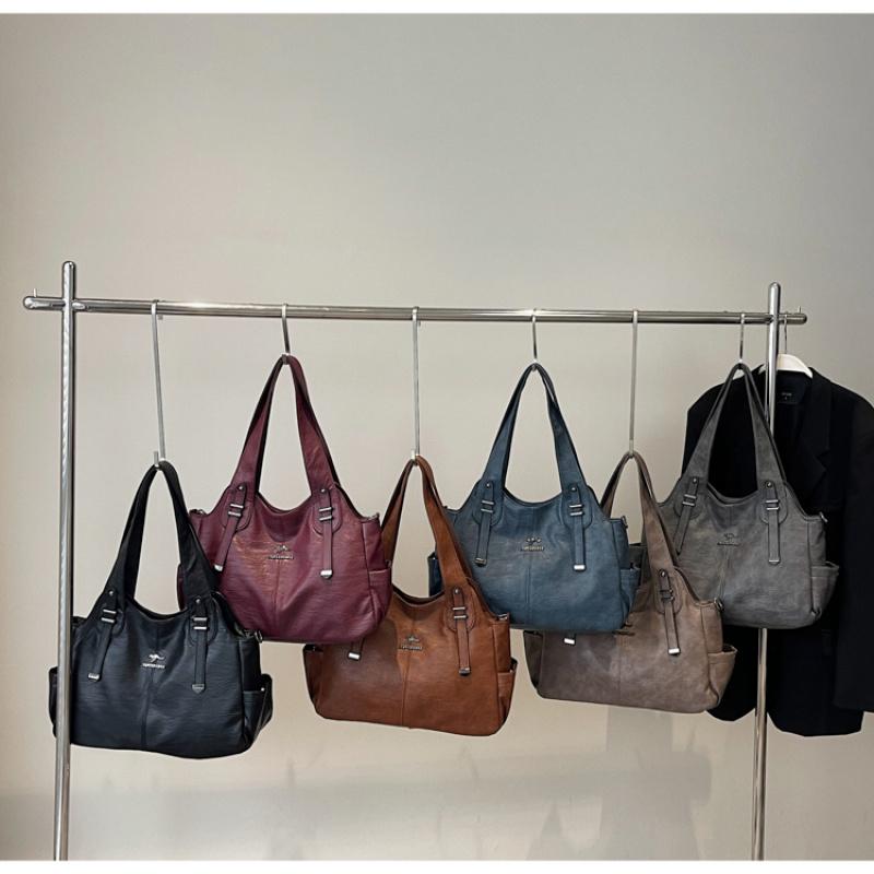 Women Retro Soft Leather Tote Bag Large Capacity Shoulder Handbag Vintage Multi-Pocket Work Shopping Crossdbody Bags