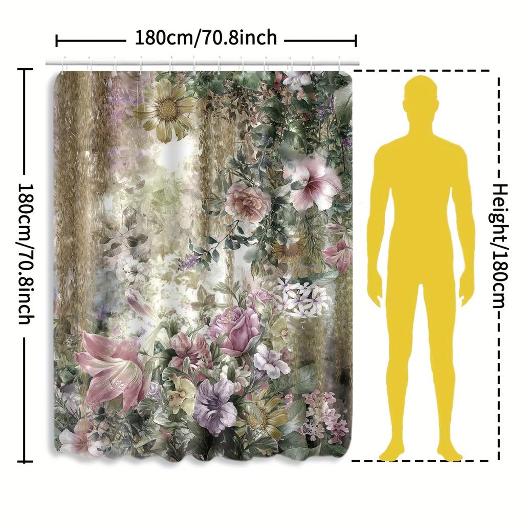 Elegant Floral Shower Curtain with a Lush Garden of Pink and Purple Flowers, Perfect for Adding a Touch of Nature-Inspired