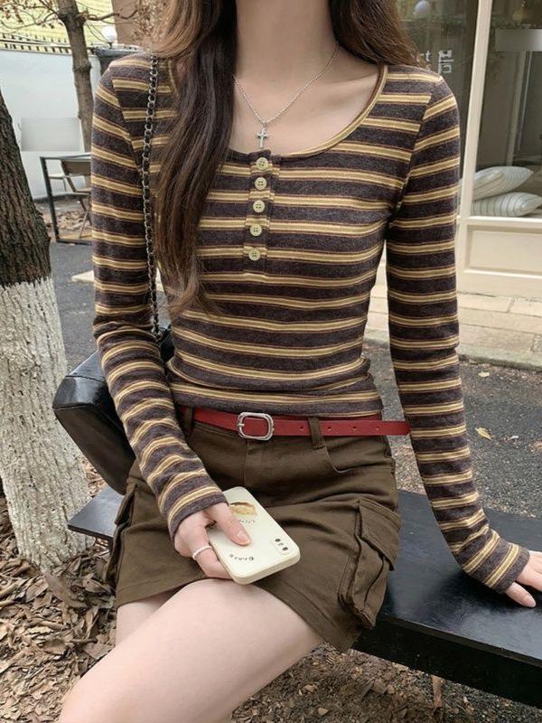 Women's Coffee Striped Button-Up T-Shirt: New Autumn/Winter, Low U-Neck, Slim-Fit, Brushed Fabric, Long-Sleeve.