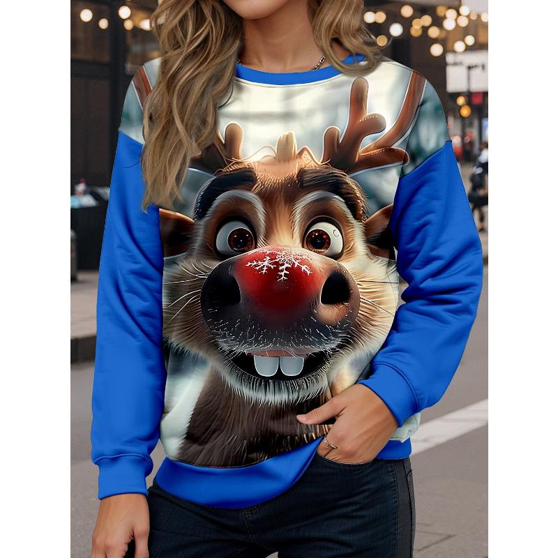 Women's Sweatshirt Casual Polyester Reindeer Street Dailywear Crew Neck Print Long Sleeve Denim Blue Wine Blue Green Fall Winter