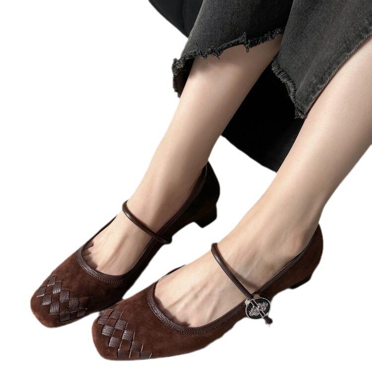 2025 Autumn New Retro Square Head Woven Light Mouth Single Shoes with Medium Heel Thick Heel Mary Jane Shoes Fashion Shoes Women