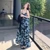 Blue Floral Strappy Chiffon Dress - Women's 2026 Summer Elegant Beach Style