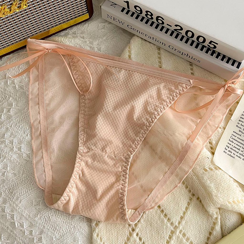 Ladies Summer Sweet Sexy Lace Mesh Binding Bow Antibacterial Crotch No Mark High Cross Triangle Briefs